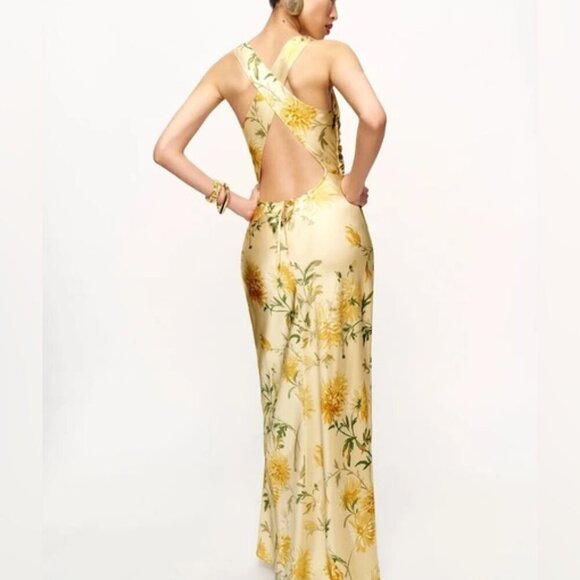 NEW Reformation Anaiis Long Backless Silk Dress Honeyglow Yellow Floral | US 0 - Picture 4 of 13